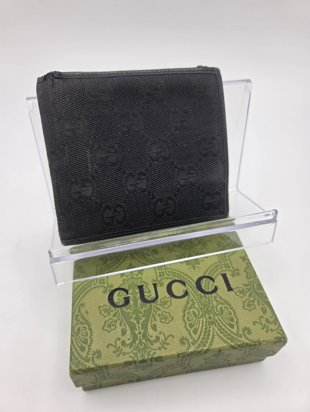Authentic Gucci Black GG Monogram Canvas Bi-fold Wallet W Box